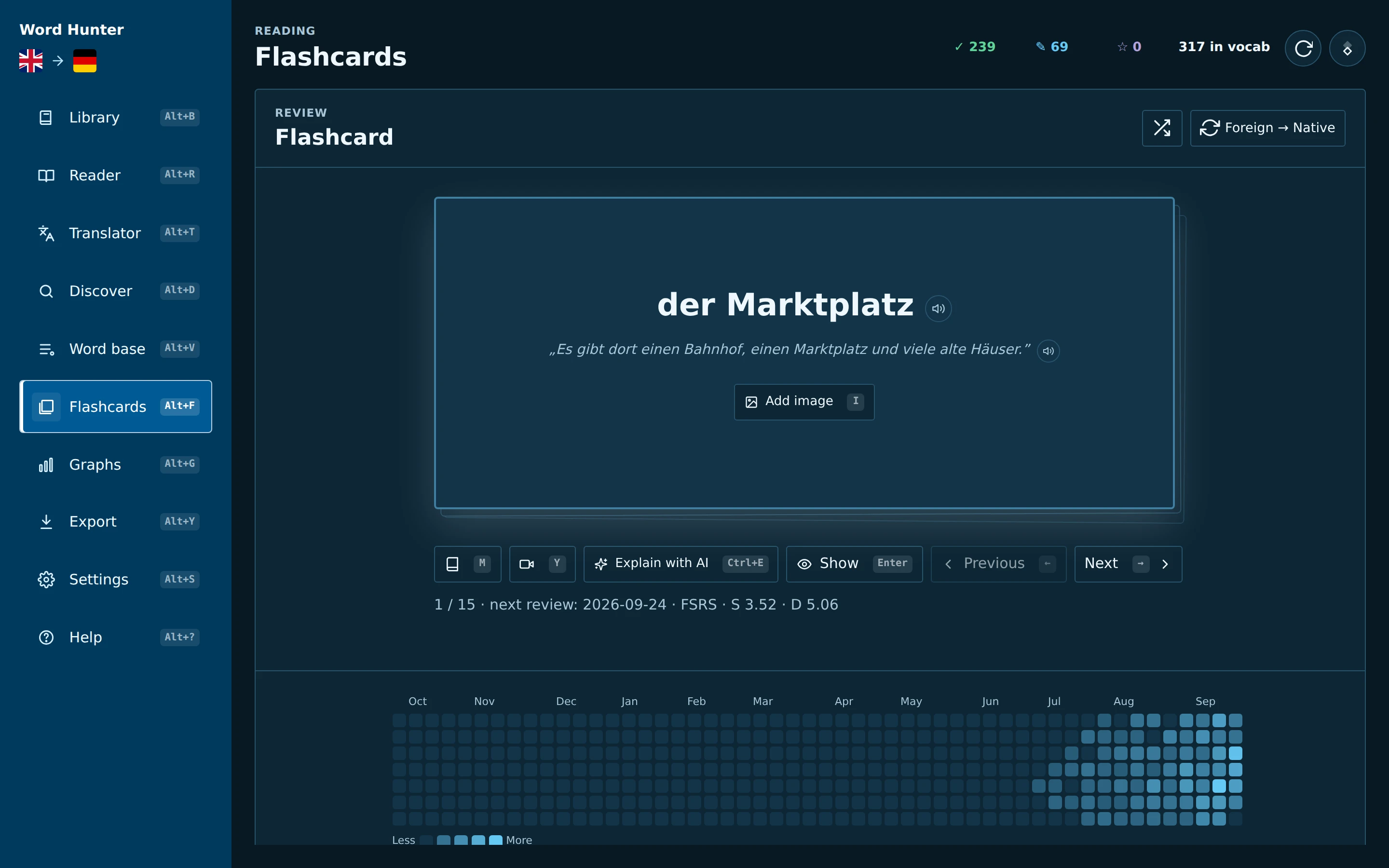 Desktop flashcard review showing a German word with its example sentence