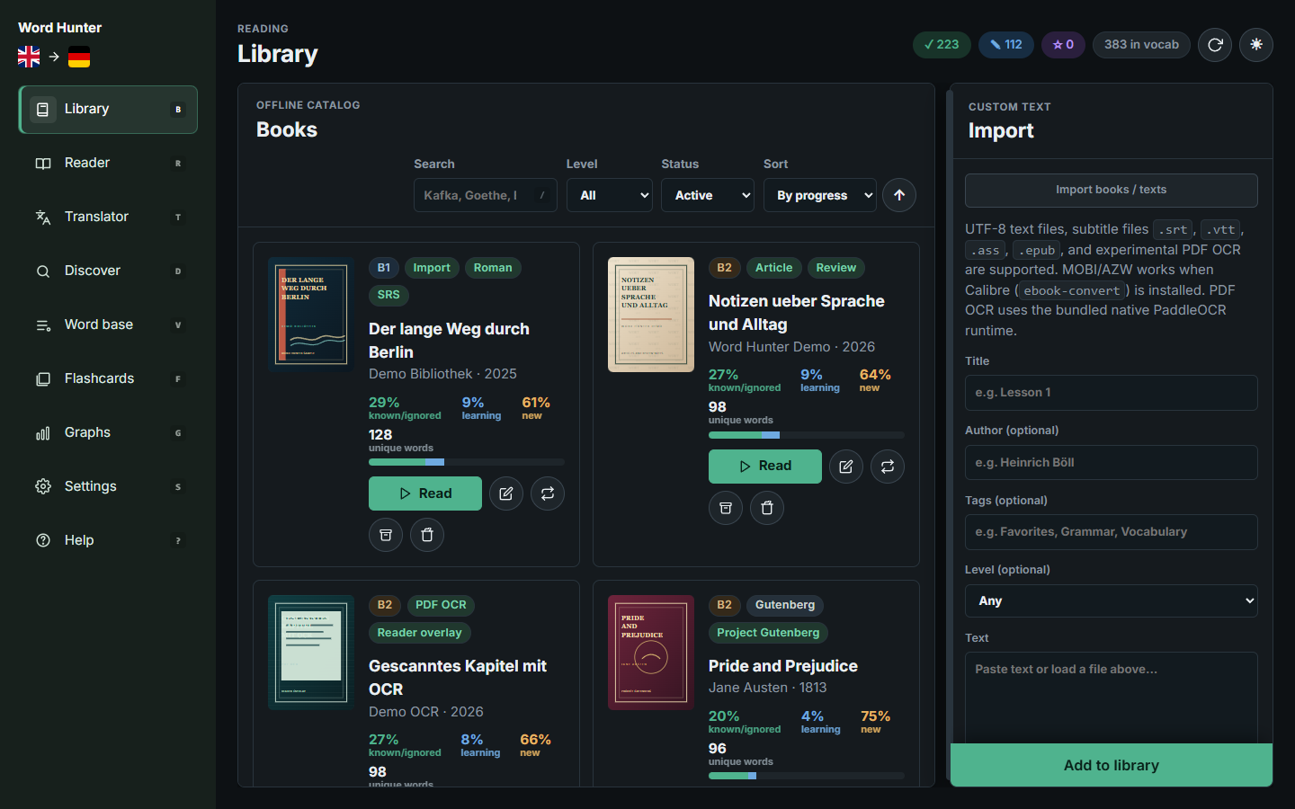 Word Hunter desktop library with import panel