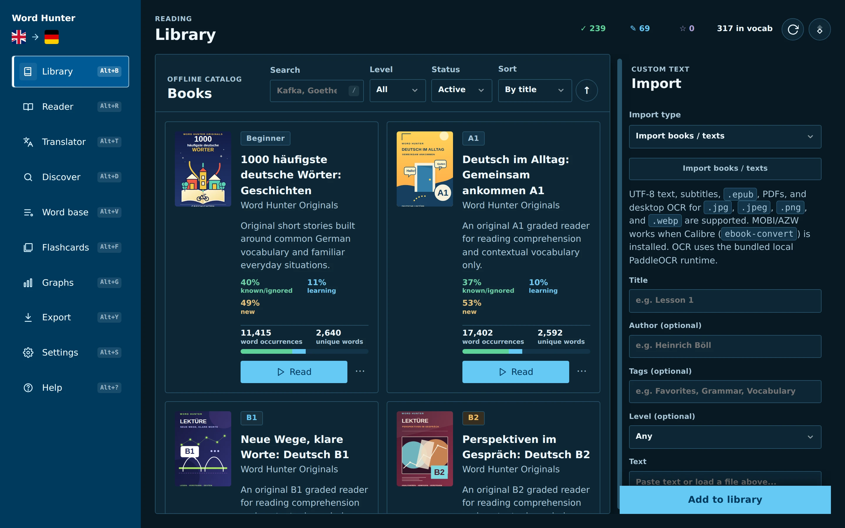 Desktop library with book cards, reading progress and the import panel