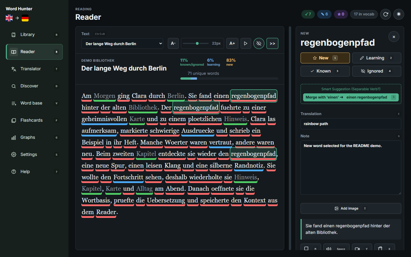 Word Hunter desktop reader with highlighted words and word panel
