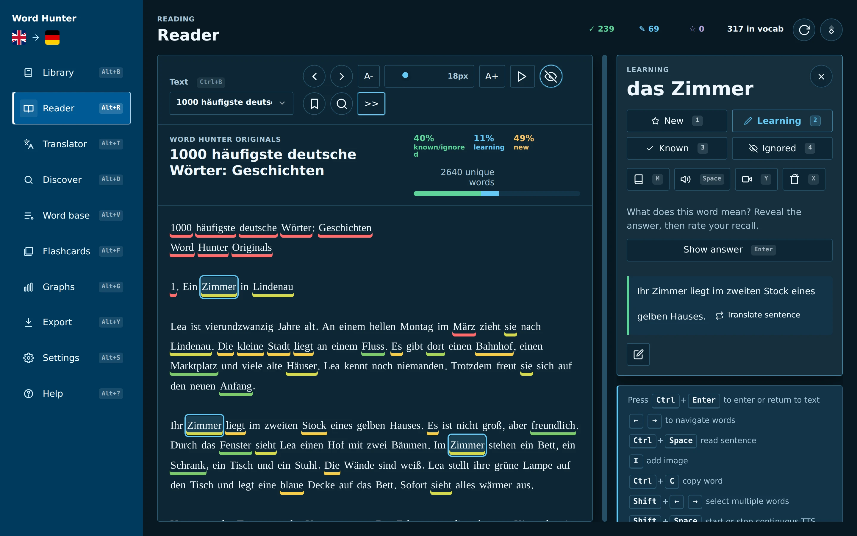 Desktop reader with coloured word underlines and the word panel for the German word Zimmer