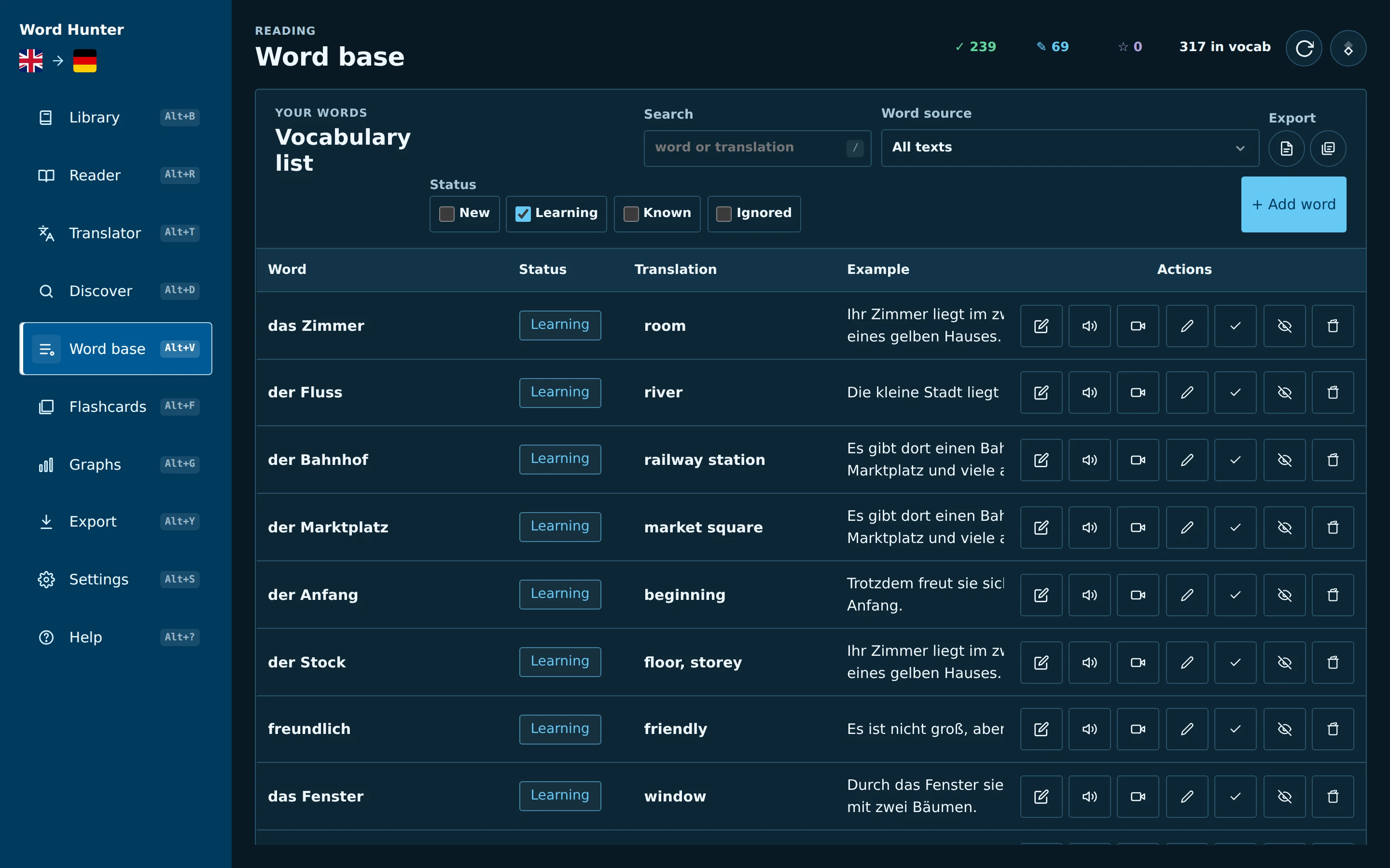Vocabulary list with German words, their status, translation and example sentence